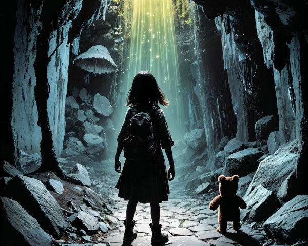 Young girl at cave entrance with teddy bear and light