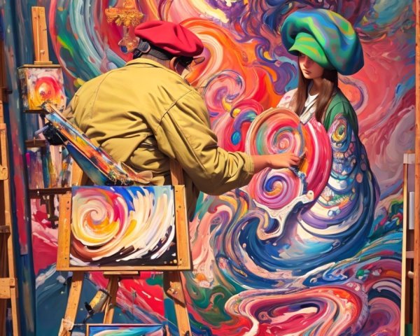 Colorful Abstract Mural with Artist and Young Woman