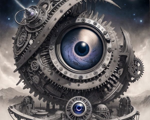 Surreal Steampunk Structure with Cosmic Backdrop