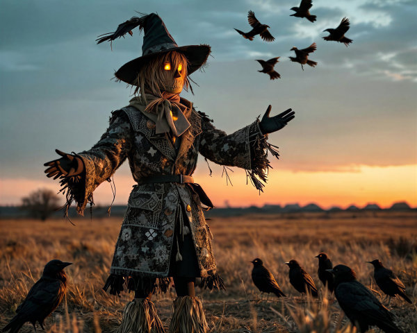 Scarecrow in Patterned Coat Surrounded by Crows at Sunset