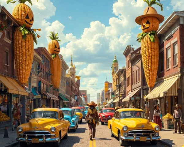Vibrant street scene with carrot decorations and cars