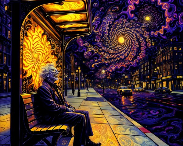 Man at Bus Stop Under Cosmic Night Sky