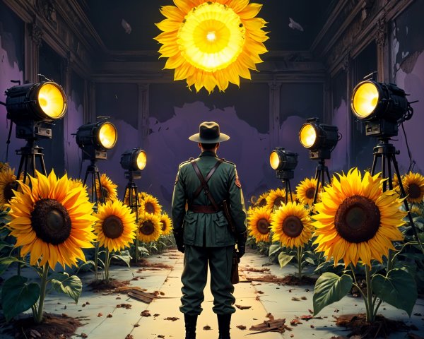 Military Figure in Room with Radiant Sunflowers