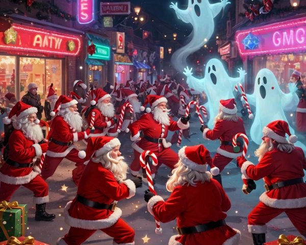 Santas in Red Suits Playfully Battle on Neon Street