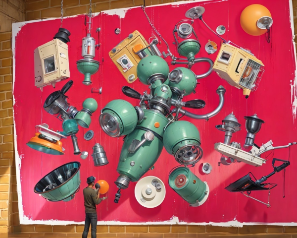 Vibrant Mural of Vintage Appliances on Bold Pink Background