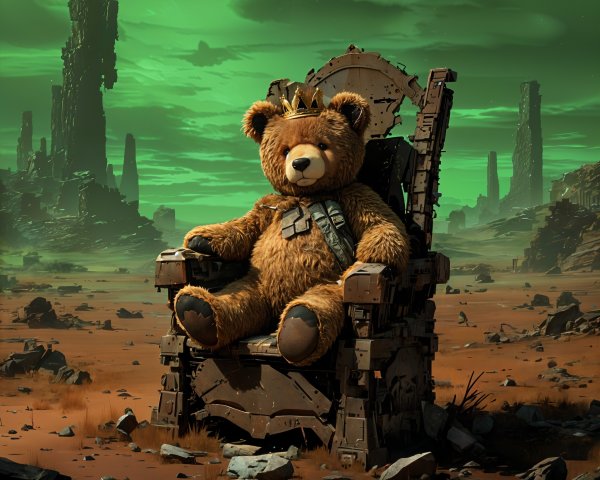Teddy Bear on Throne in Apocalyptic Landscape