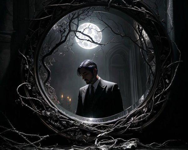 Gothic Scene with Man in Black Suit and Mirror