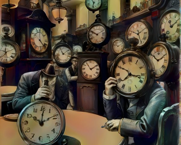Vintage Clocks and Masked Figures in Surreal Setting