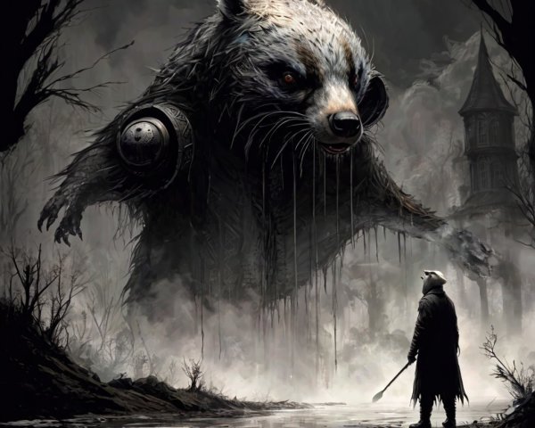 Colossal Robotic Bear in Dark Misty Landscape