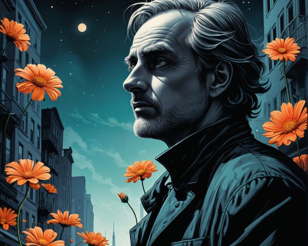 Contemplative Man Surrounded by Orange Flowers at Night