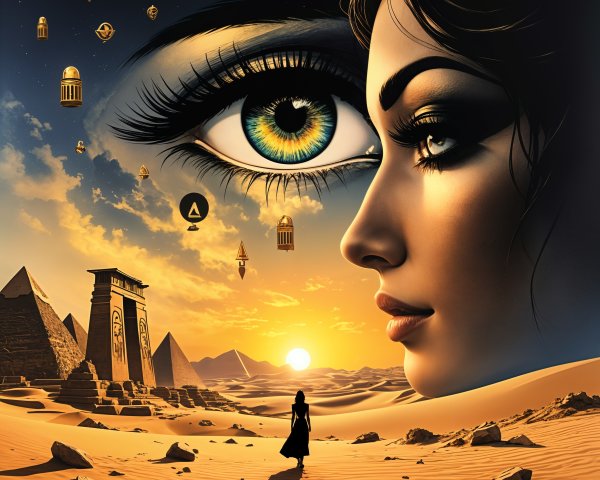 Surreal desert scene with pyramids and temple at sunset