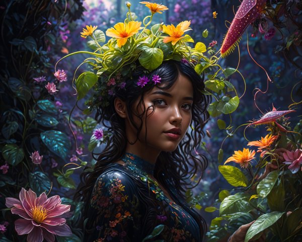 Young Woman in Mystical Forest Surrounded by Flora