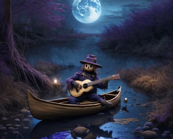 Whimsical Scarecrow in Canoe Under Moonlight