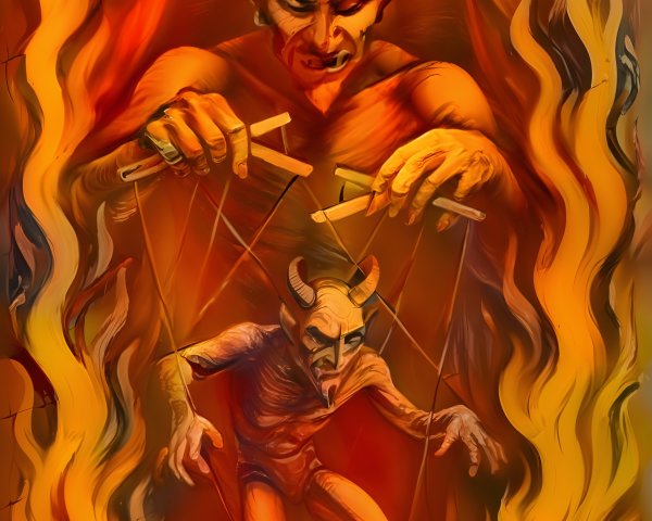 Devilish Figure Manipulating Puppet in Fiery Setting