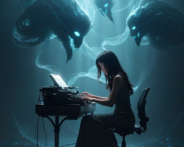 Woman Writing at Typewriter with Ghostly Figures