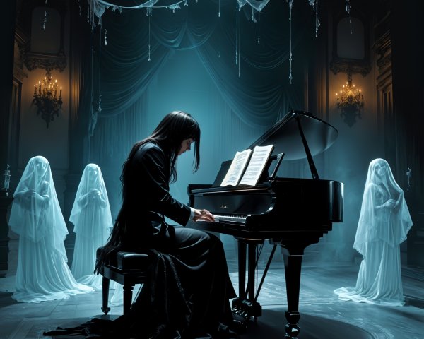 Pianist in Elegant Room with Ghostly Figures Observing