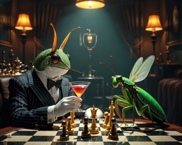 Grasshoppers in Tuxedos Play Chess in Elegant Room