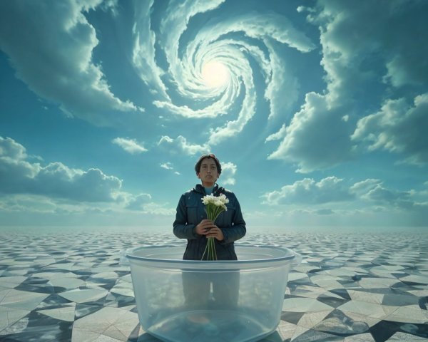 Surreal Scene of Young Person in Transparent Tub