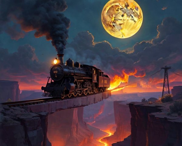 Vintage Steam Train on Bridge Over Lava Chasm
