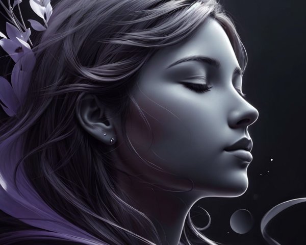 Detailed Portrait of Young Woman with Purple Hair