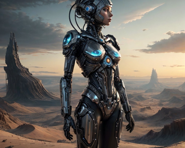 Futuristic female robot in a desolate landscape scene