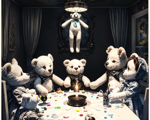 Whimsical Teddy Bear Tea Party in Dimly Lit Room