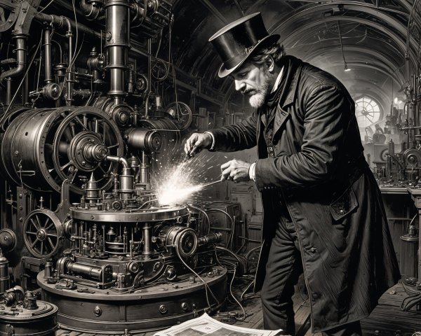 Monochromatic Artwork of an Elderly Man in Workshop