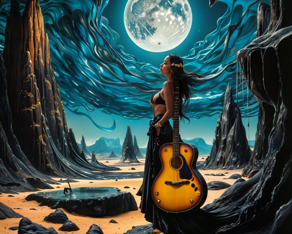 Surreal Landscape with Woman, Guitar, and Full Moon