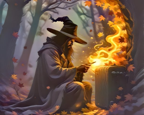Mystical Figure in Serene Forest with Autumn Leaves
