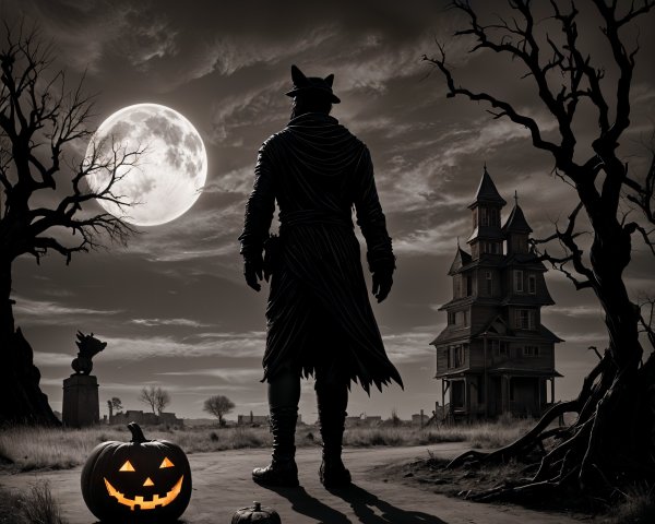 Mysterious Figure in Moonlit Haunted Landscape