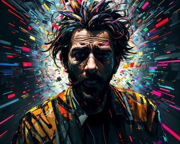 Man with Distressed Expression Amidst Colorful Chaos