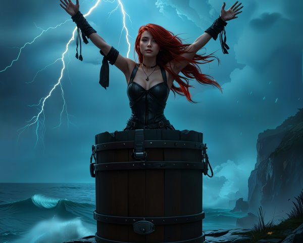 Woman in corset casting spell in stormy setting