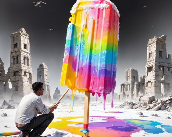 Oversized Rainbow Popsicle in Post-Apocalyptic Ruins