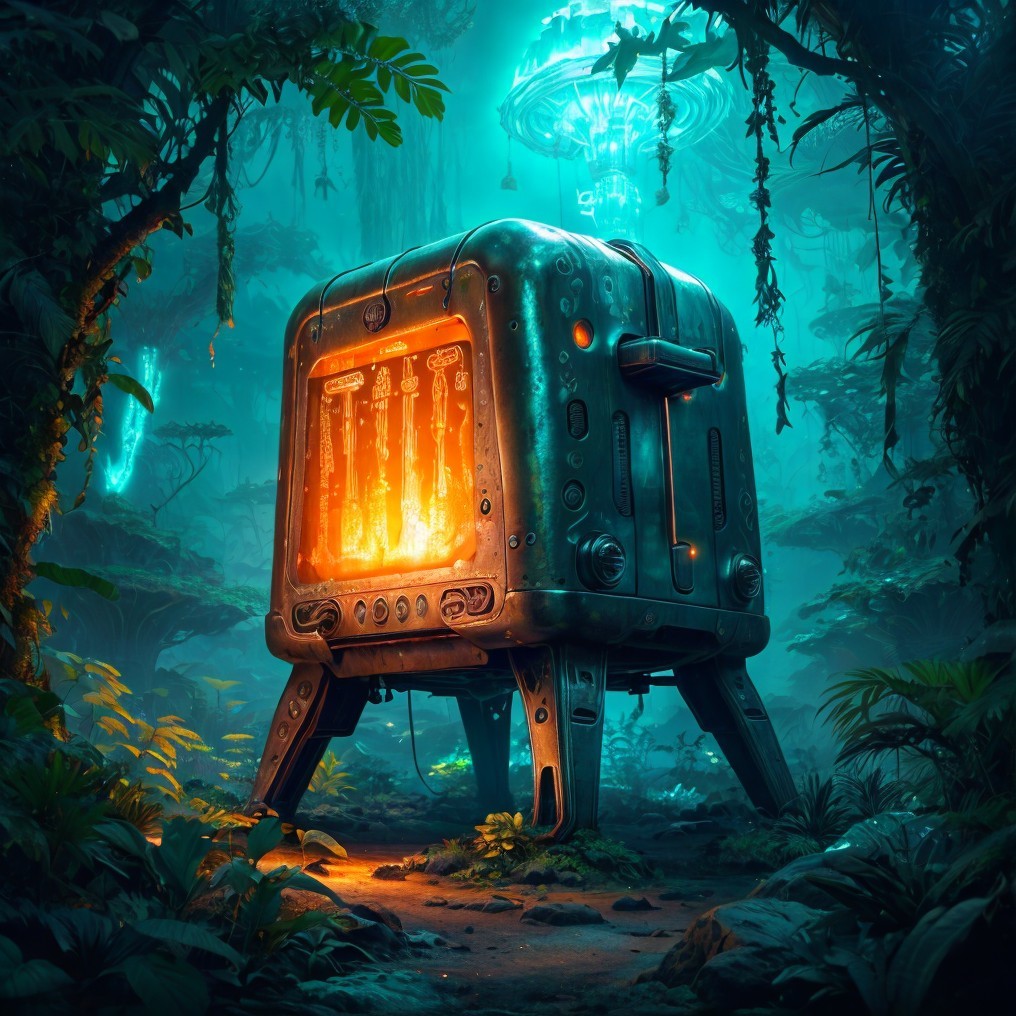 Futuristic Metal Contraption in Mystical Jungle Setting