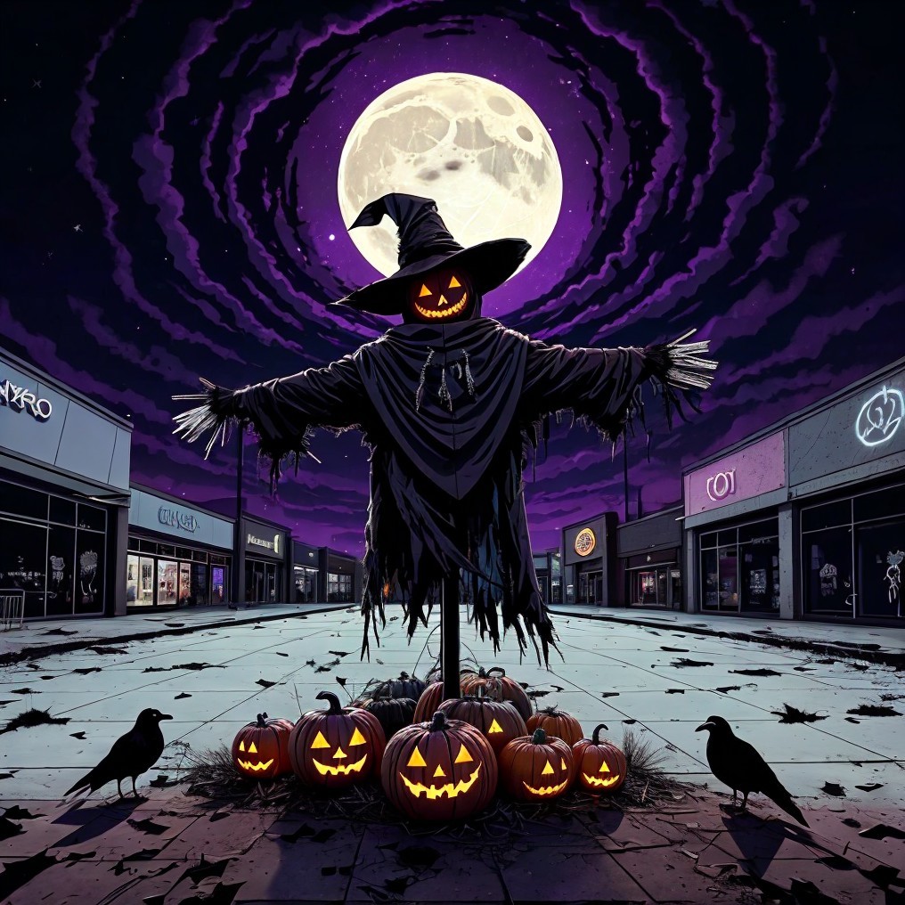 Spooky Cartoonish Scarecrow in Halloween Plaza Scene