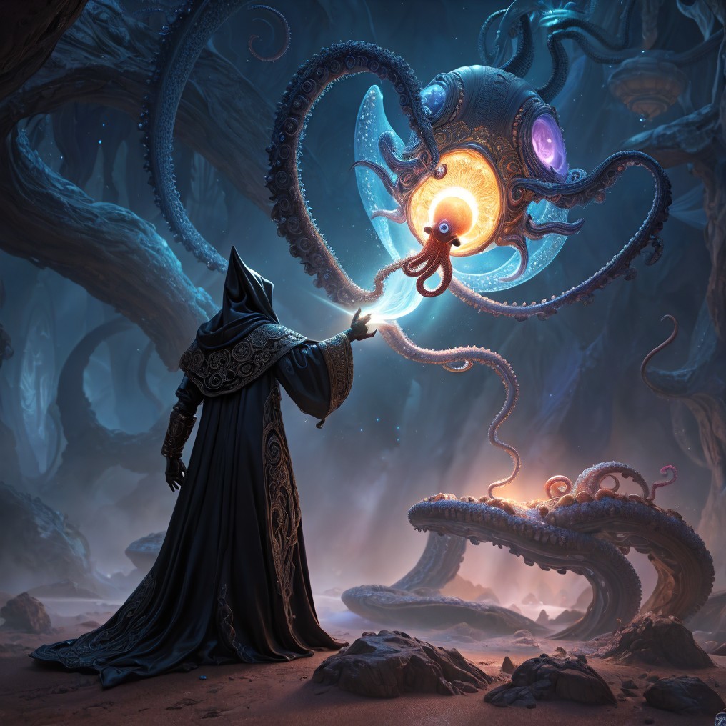 Cloaked Figure Interacts with Luminous Creature in Forest