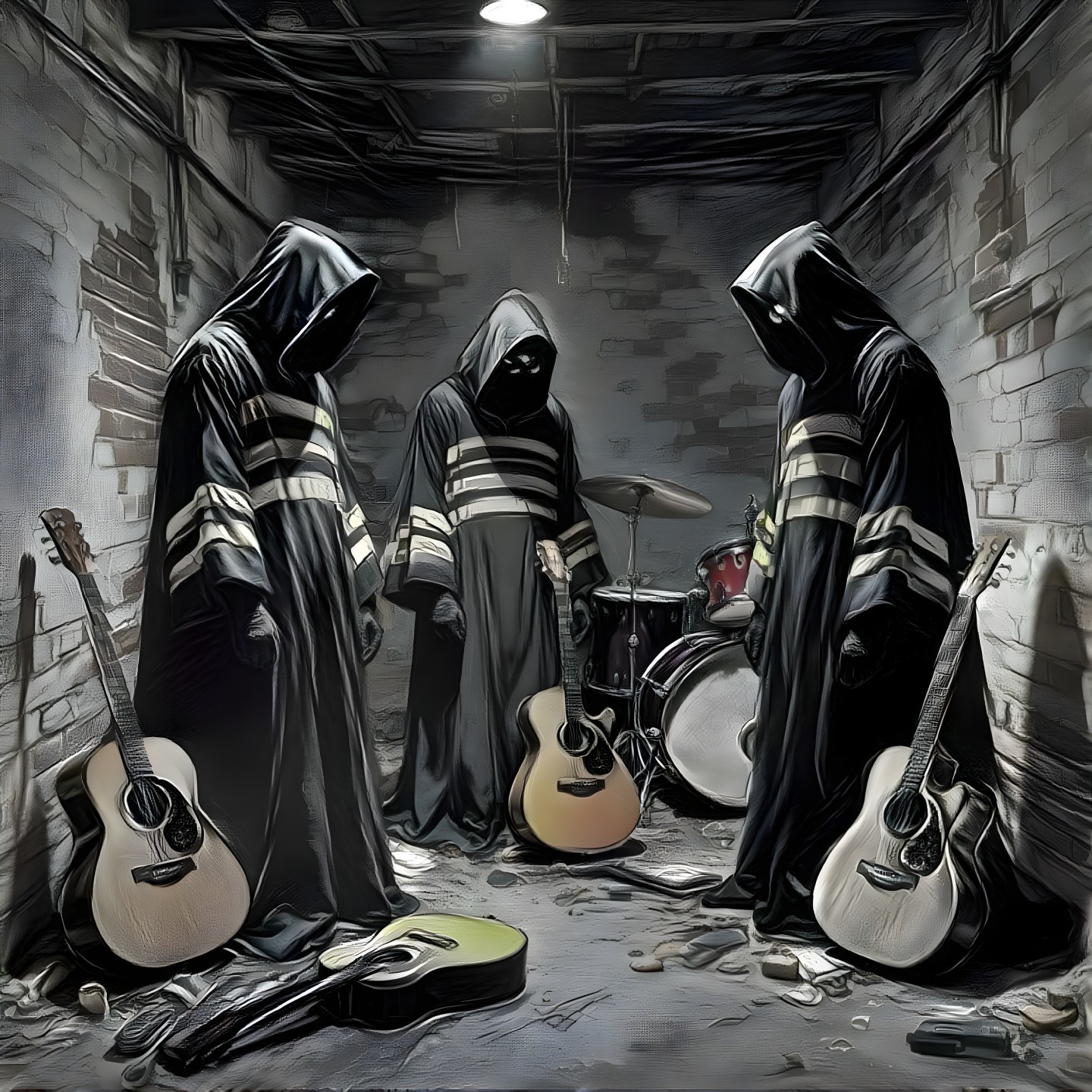Hooded Figures in a Grungy Basement Setting