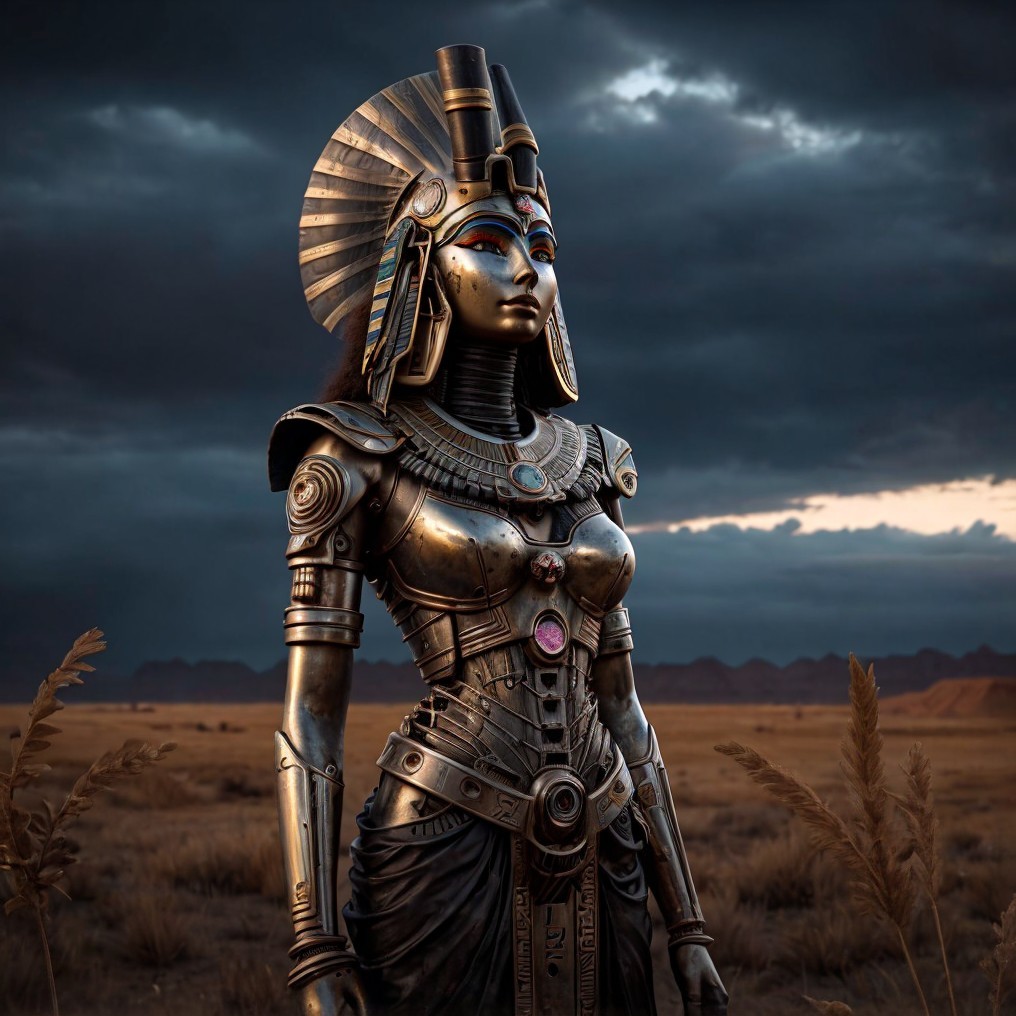 Futuristic Pharaoh Statue in Barren Landscape