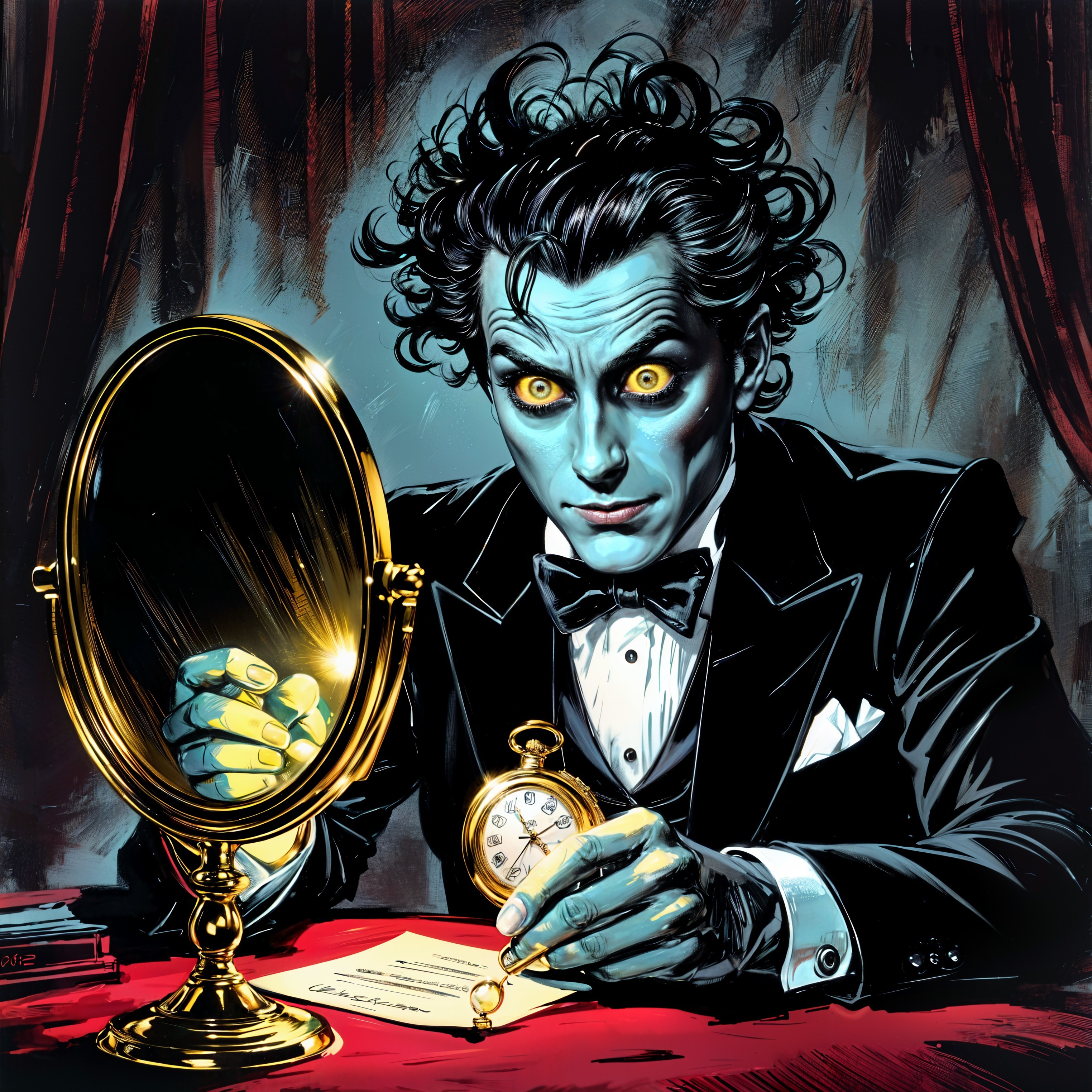 Eerie Figure in Tuxedo with Pocket Watch and Letter