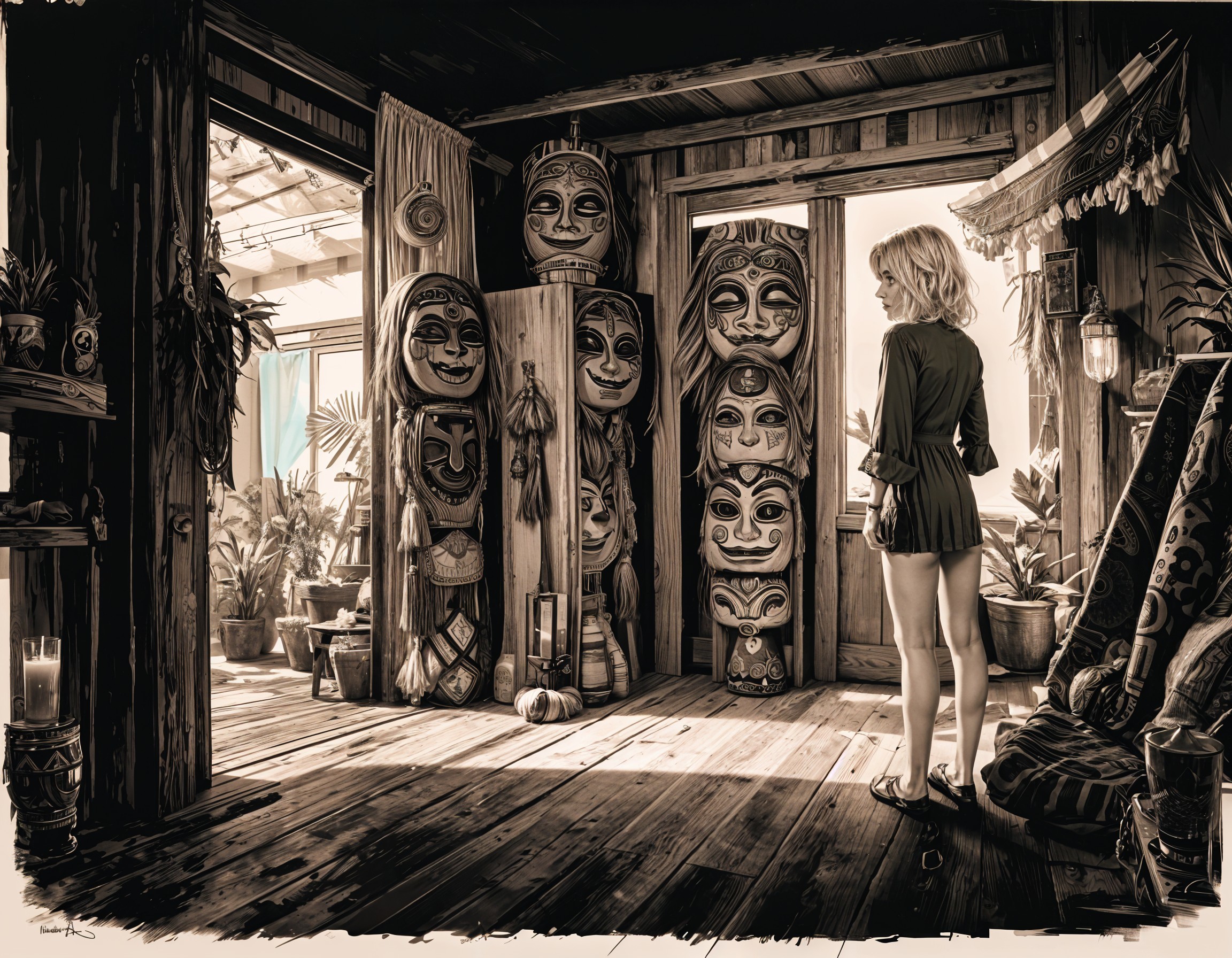 Woman in Rustic Interior with Intricate Masks