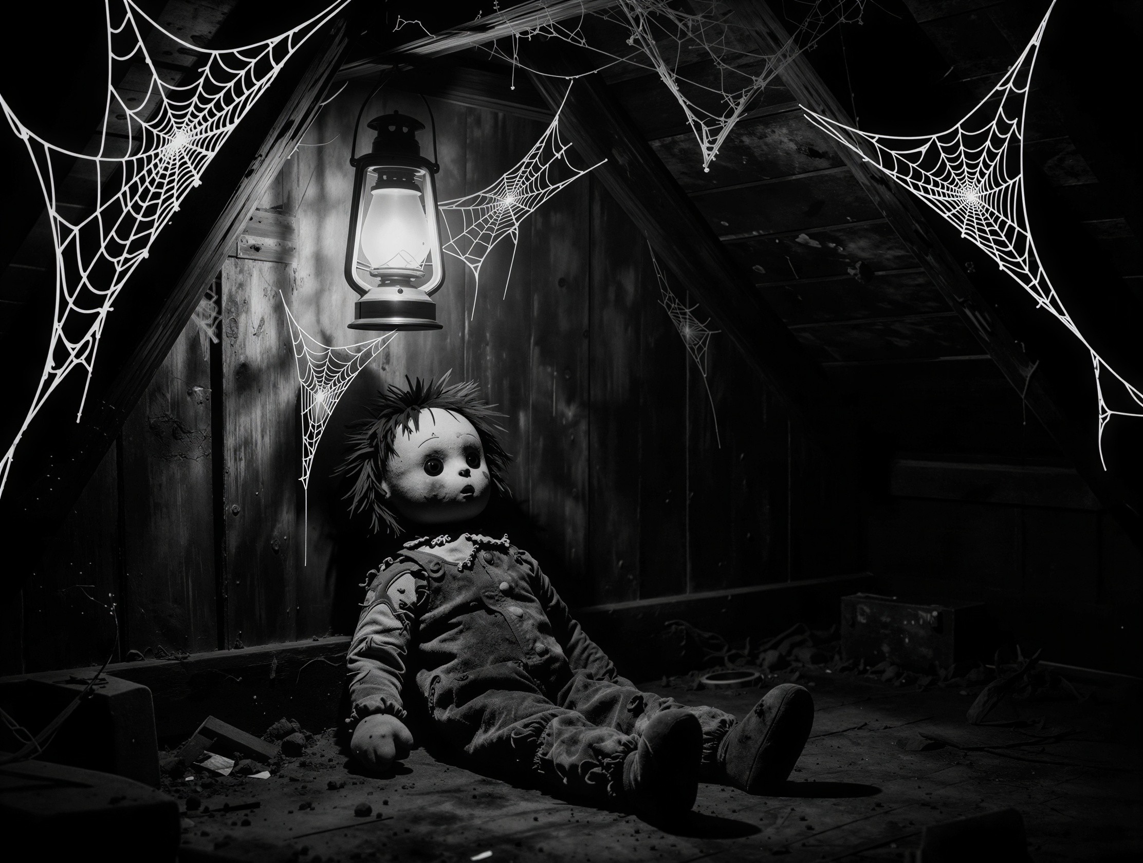 Detailed Black and White Image of a Creepy Doll in Attic