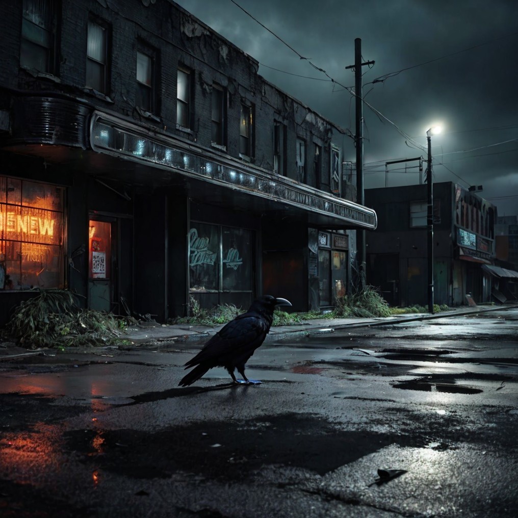 Deserted Urban Street at Dusk with Solitary Raven