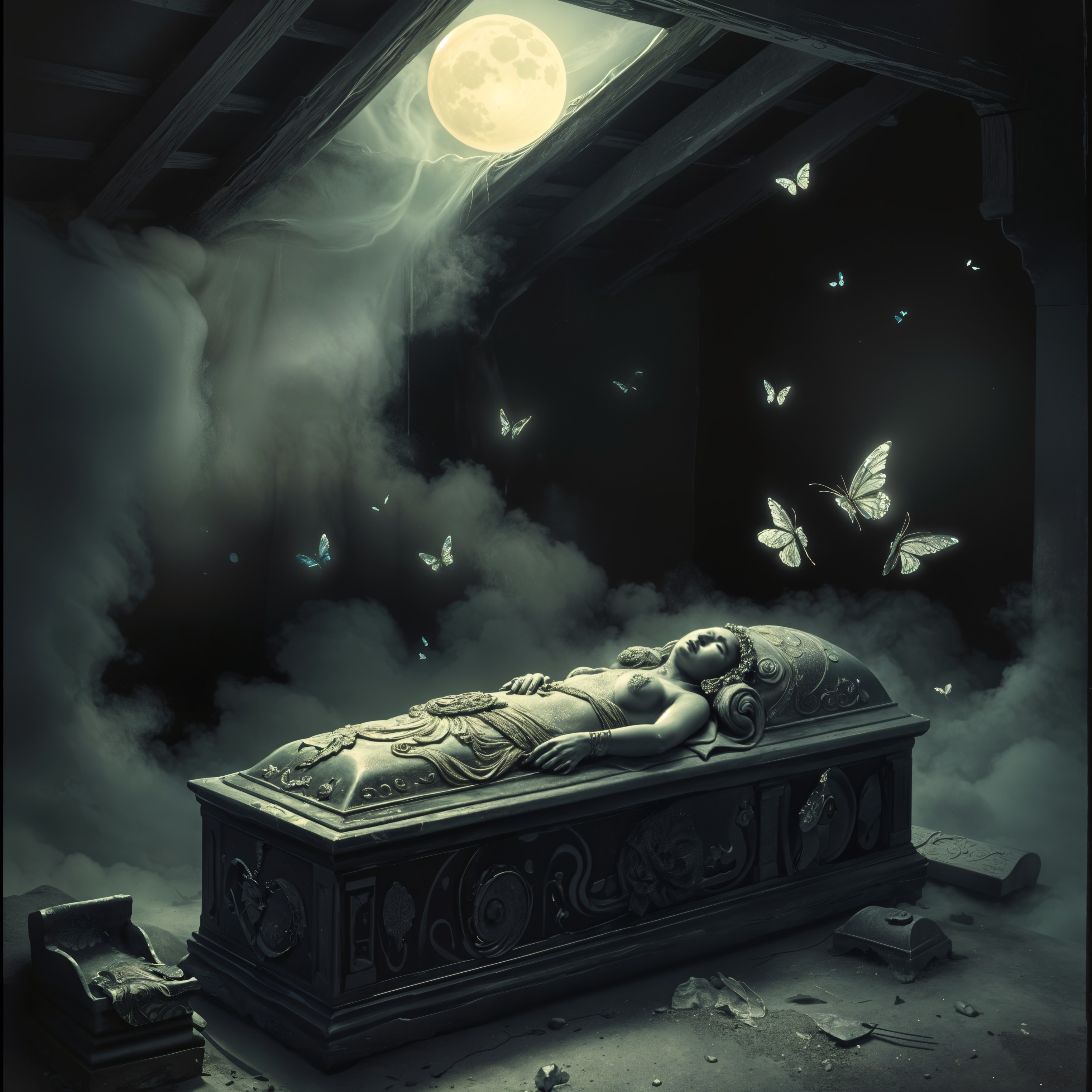 Ornate sarcophagus in a dimly lit chamber scene