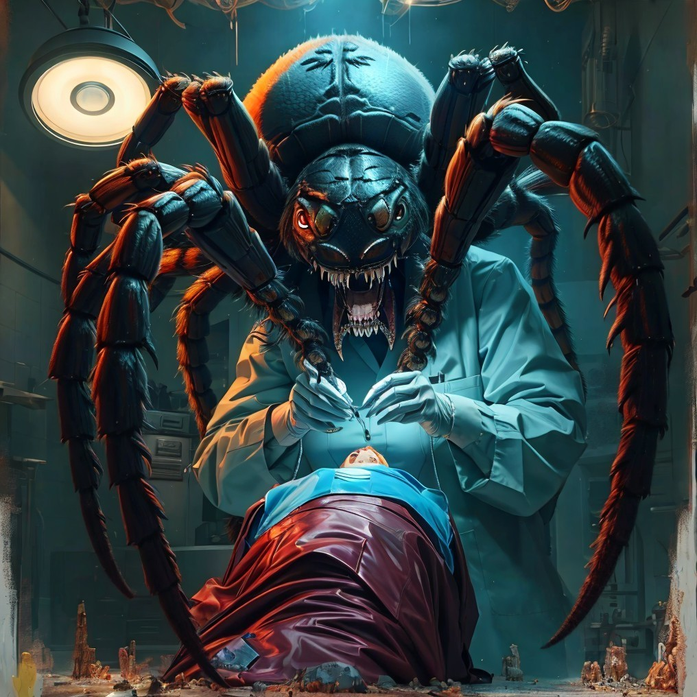 Surreal Surgical Scene with Spider and Operating Table