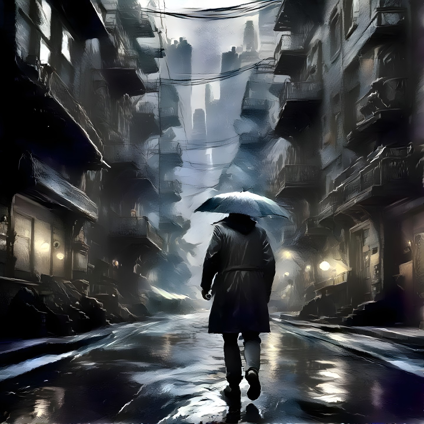 Solitary Figure in Dimly-Lit Rainy Alleyway