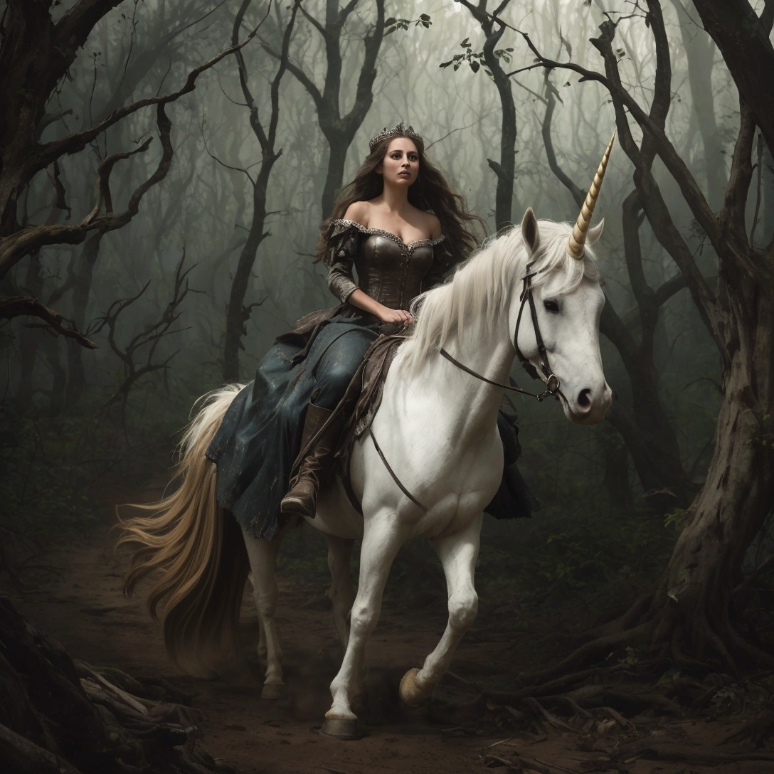 Queen on Unicorn in Enchanted Foggy Forest Scene