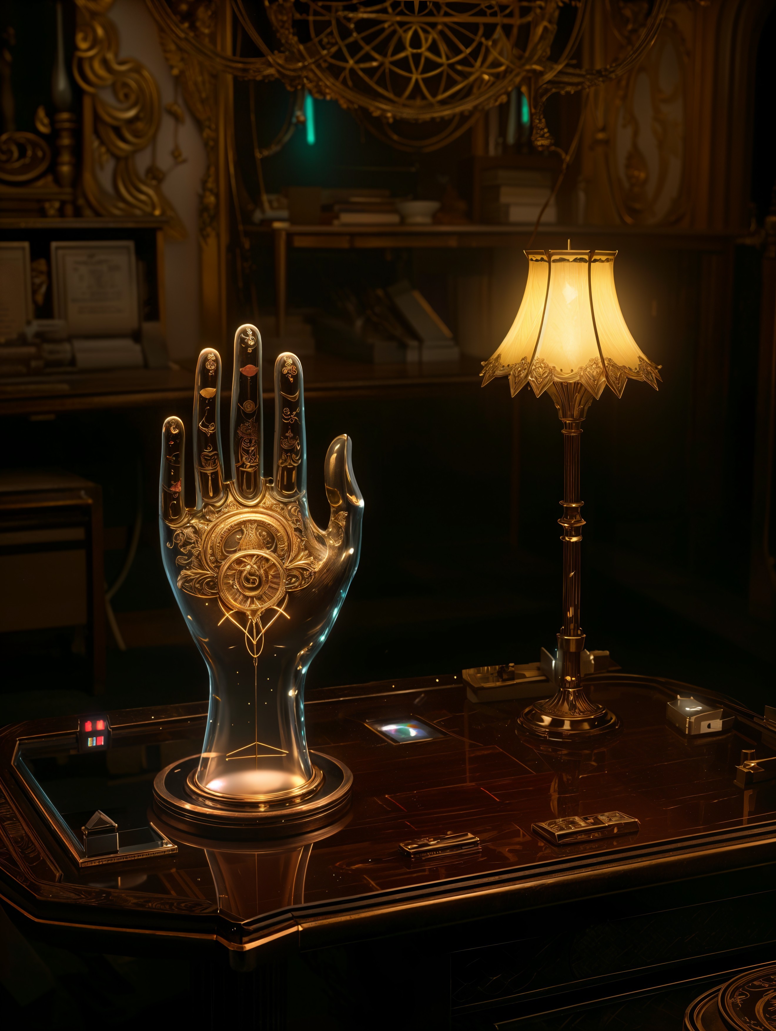 Translucent Hand Sculpture with Golden Designs and Eye