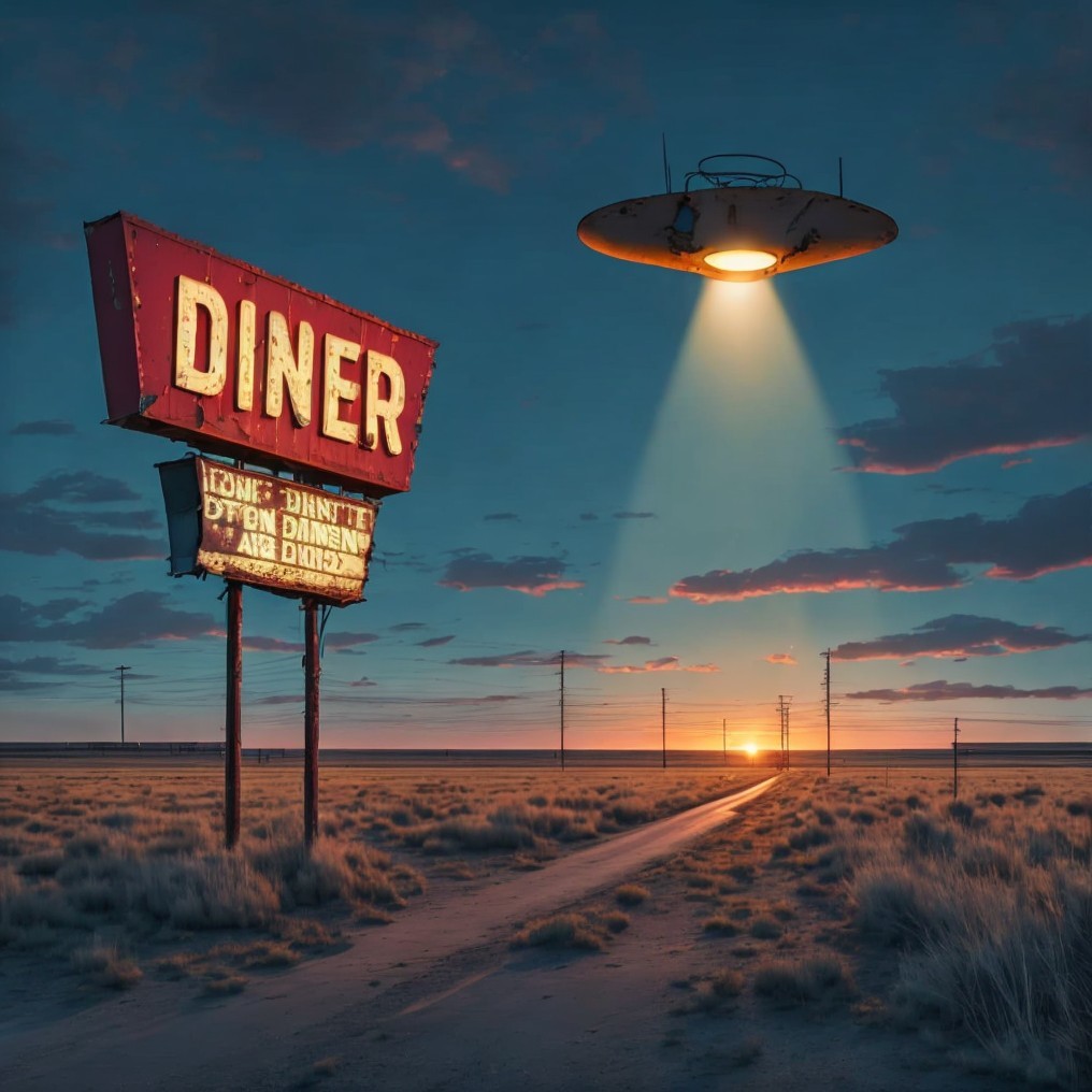 Vintage diner sign in arid landscape at sunset