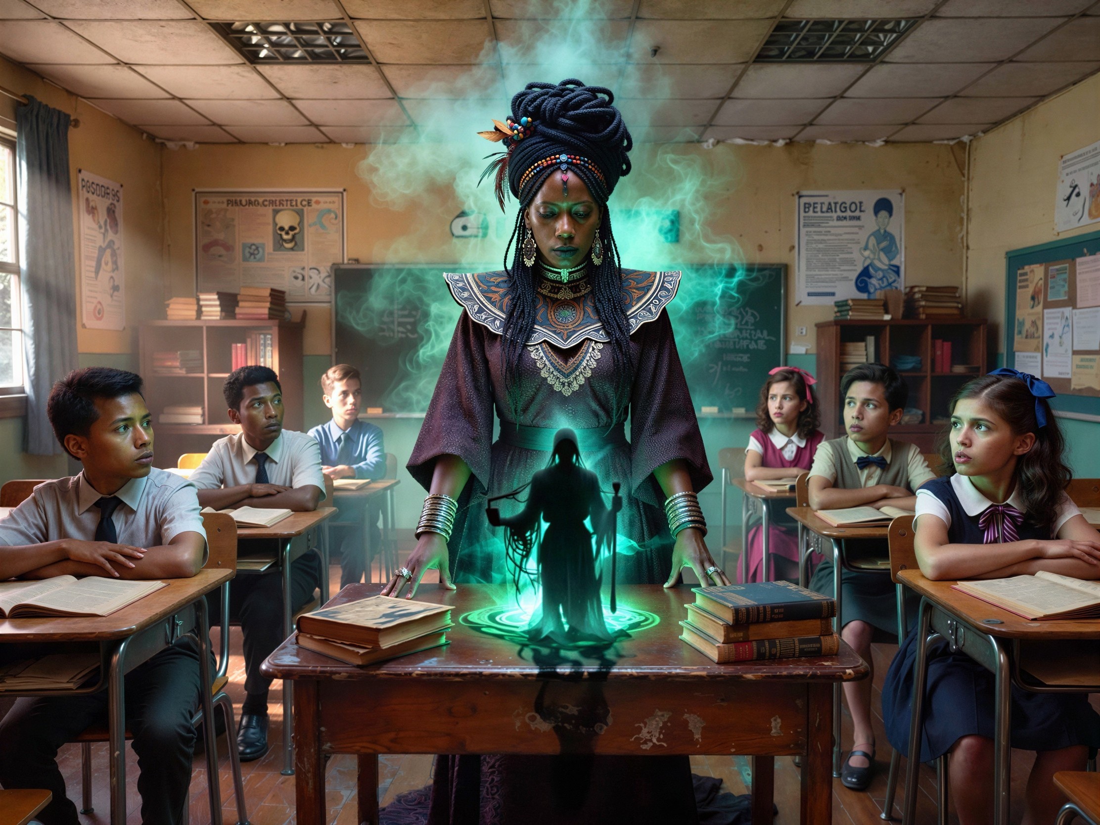 Mystical Fantasy Shaman Conjuring in Classroom Scene