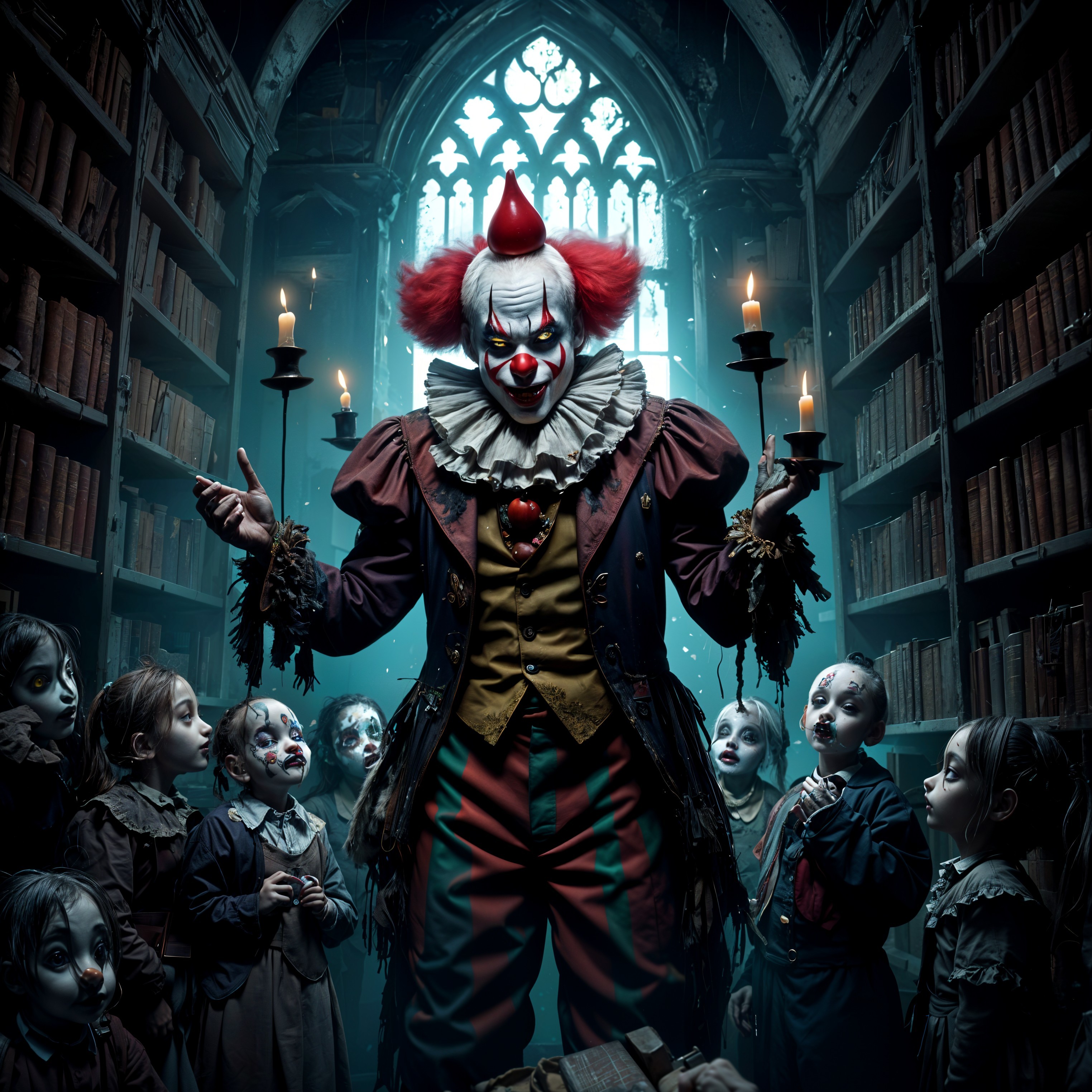 Sinister Clown in Dim Library with Pale Children
